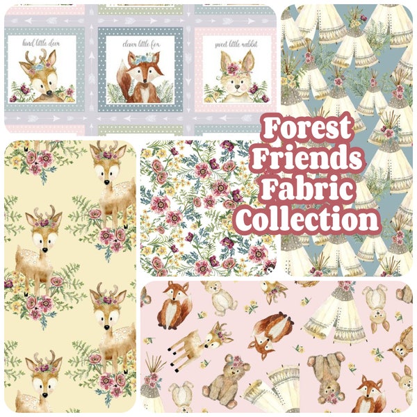 Forest Friends Fabric by the yard, 3 Wishes quilting cotton, the adventure begins, pink woodland animals, baby girl, fawn deer, fox owl bear