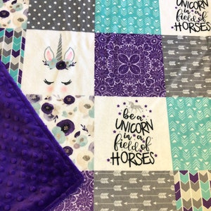 unicorn baby blanket, unicorn horn floral minky, purple teal, baby girl gift, new baby gift, be a unicorn in a field of horses, cute