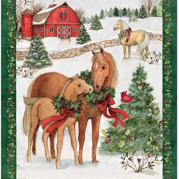 Christmas Horses Quilt Panel, Susan Winget fabric, cotton fabric, barn Mare and Foal CP66699, snow festive holiday pine trees farm