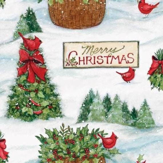 Christmas Horses fabric, cotton fabric by the yard, farm barn pretty snow,  country holiday decor festive, red cardinal