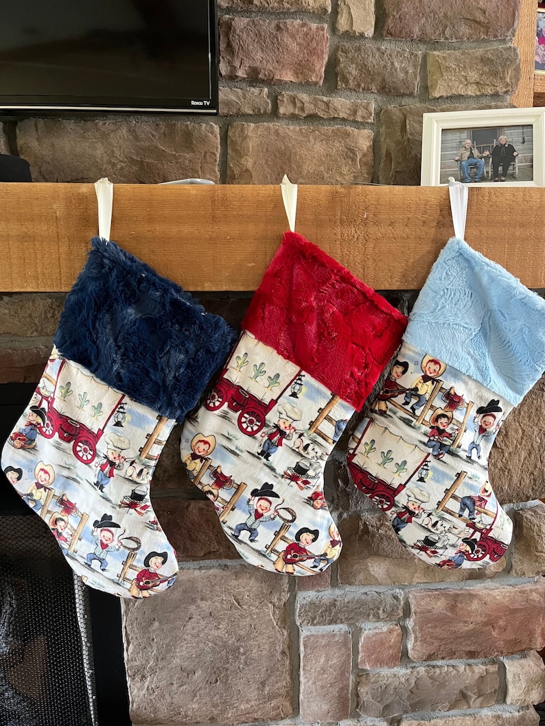 Christmas Stockings for boys, Cowboy, cowpoke, little boys toddler, personalized, nostalgic retro vintage cowboys, rodeo, chuck wagon minky Navy Blue Hide