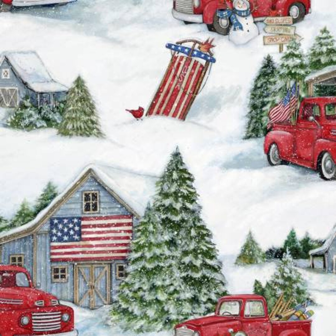 Christmas Trucks Fabric, Red Truck Trees, Snow USA Flag, Cotton Fabric