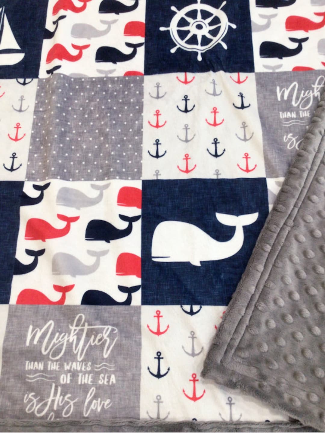 Nautical Baby Blanket Scripture Christian Whales Mightier Than the Waves Anchor Designer Minky New Baby Gift Handmade Soft Adorable Etsy