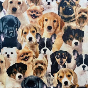 May include: A fabric pattern featuring a collage of various dog breeds, including Labradors, Beagles, and Pomeranians. The dogs have different colors and markings, creating a lively and diverse design. The background is a light beige color.