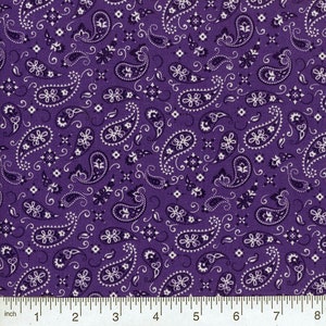 May include: Purple fabric with a white paisley pattern. The fabric is 8 inches wide.