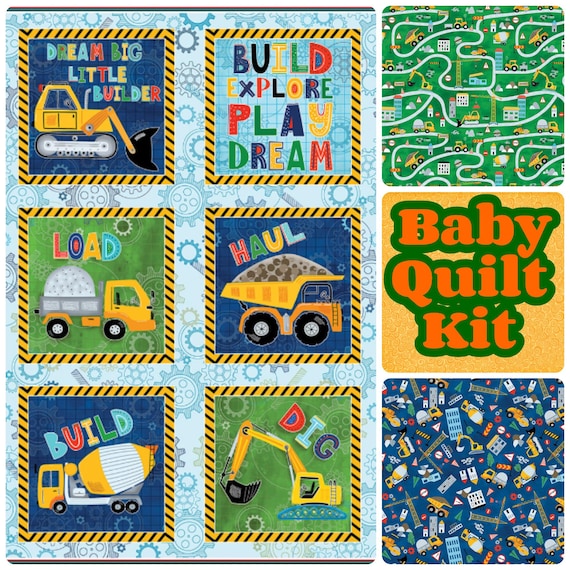 Baby Quilt Kit Baby Boy Dump Truck Construction Tractor Work Zone Easy Panel Quilt Kit Cotton Fabric Blue Yellow Green Fun Sewing Etsy