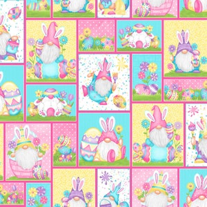 May include: A colorful patchwork pattern featuring gnomes wearing bunny ears and holding Easter eggs. The gnomes are surrounded by flowers, eggs, and other Easter-themed decorations.