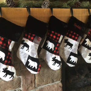 Family Christmas Stockings, personalized Bear Moose Buffalo plaid, deer buck, woodland holiday decor, rustic Christmas, red black, lodge