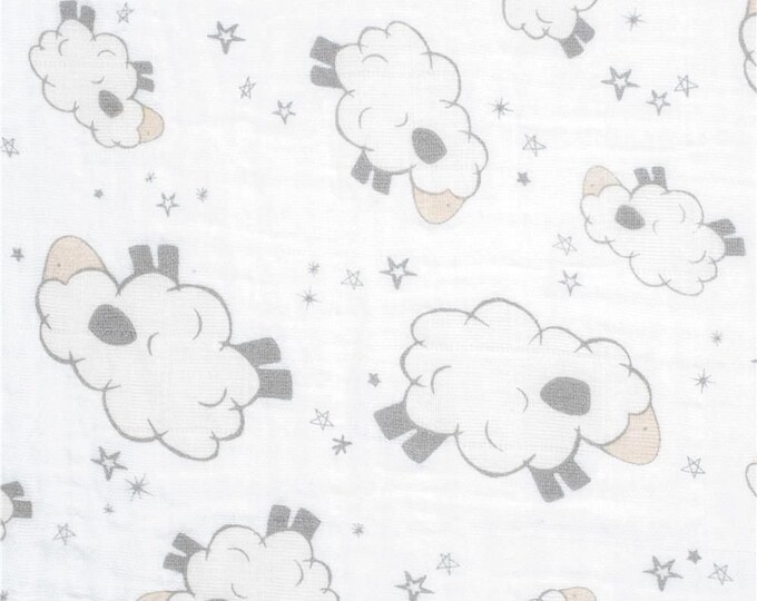 Sheep Double Gauze, Fabric by the Yard, Lambs Embrace, White Neutral