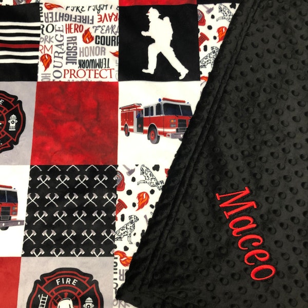 Firetruck Baby Blanket, fireman firefighter, fire Boy Minky, Toddler, truck rescue hero, nursery, personalized new baby gift, Father’s Day