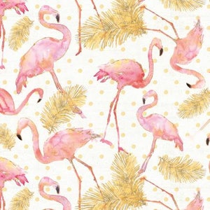 Flamingo fabric by the yard, pink, gold and white, quilting fabric, children cute, feather, dots, baby girl, summer fabric, beach paradise