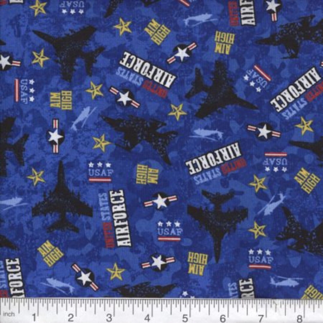 Military Cotton Fabric by the Yard, Patriotic US Air Force, USA Flag