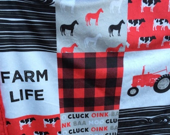 Farm baby blanket, red tractor, farm animals, farm life, designer minky, buffalo plaid, cows, horses, toddler boy, nursery, new baby gift