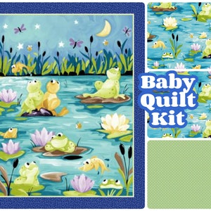 Baby Boy Quilt Kit, Frogs Paul's Pond, by Suzy Bee, toad lily pad, blue green,cotton fabric, easy panel,fun sewing project,new baby gift diy