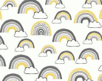 Rainbows fabric by the yard, quilting cotton, Michael Miller, yellow gray, clouds, rainbow, Love you to the moon and back collection