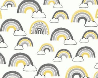 32" end of bolt Rainbows fabric, quilting cotton, Michael Miller, yellow gray, clouds, rainbow, Love you to the moon and back collection