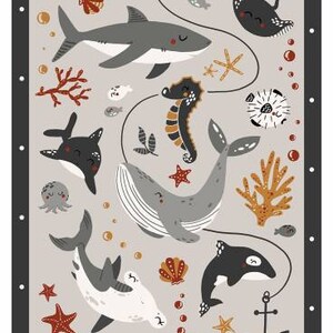 May include: A whimsical illustration of various sea creatures, including a shark, whale, seahorse, and stingray, set against a light gray background with white polka dots. The illustration features a variety of colors, including blue, gray, orange, and red.