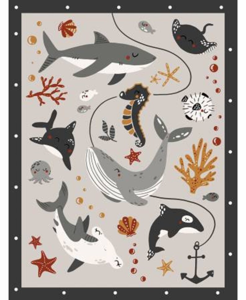 May include: A whimsical illustration of various sea creatures, including a shark, whale, seahorse, and stingray, set against a light gray background with white polka dots. The illustration features a variety of colors, including blue, gray, orange, and red.