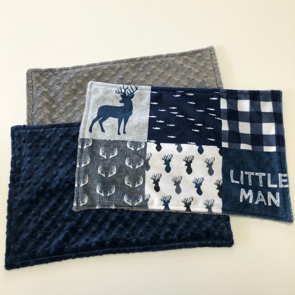 Little man burp cloth,blue gray minky burp cloth,woodland buck deer,new baby gift,shower,antlers,buffalo plaid,lumberjack,handmade,lovie