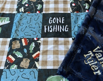 Fishing blanket, personalized, baby boy, blue plaid, bass lake, designer minky, gone fishing, toddler, fish country rustic, new baby gift