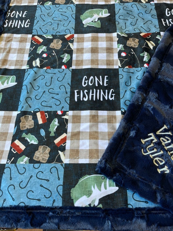 Fishing Blanket, Personalized, Baby Boy, Blue Green Plaid, Bass Lake,  Designer Minky, Gone Fishing, Toddler, Country Rustic, New Baby Gift 