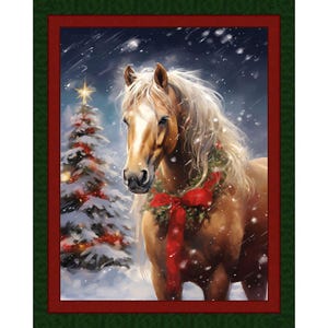 Christmas Horse Quilt Panel, cotton fabric, snow festive holiday pine trees, Christmas tree, easy quilt panel, wall hanging panel, Palomino