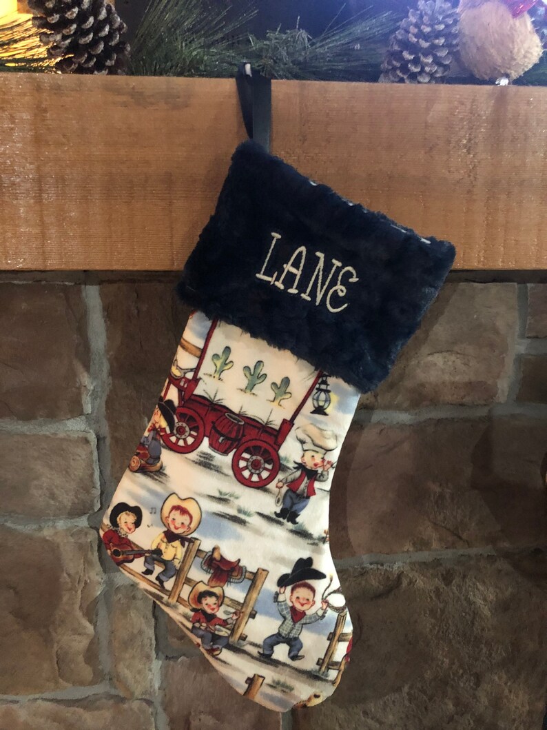 Christmas Stockings for boys, Cowboy, cowpoke, little boys toddler, personalized, nostalgic retro vintage cowboys, rodeo, chuck wagon minky image 4