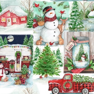 Frosty Hollow Winter Patch fabric, Christmas snowman cotton, red truck, cardinal birds, snow trees, vintage holiday decor festive plaid