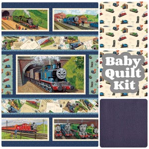 May include: A baby quilt kit featuring various images of Thomas the Tank Engine and friends. The design includes train scenes, train illustrations, and the words "Baby Quilt Kit" in a white font. The background is a mix of blue and cream colors.
