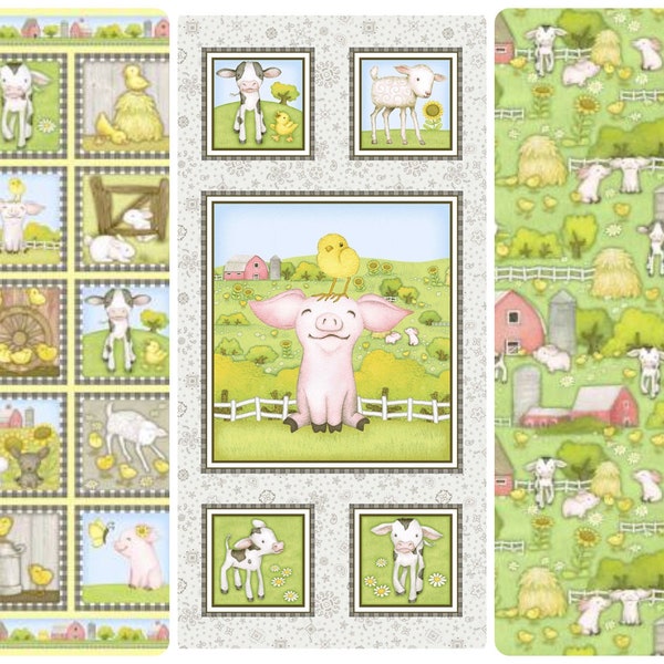 baby farm animals, cotton fabric, Henry Glass, By Beth Logan, Farm Babies Collection, 100% Cotton, panels, pigs ducks lambs barnyard cow