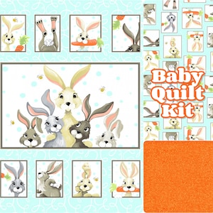 Bunny Baby Quilt Kit, baby quilt kit, bunny rabbits carrots, Easter, boy or girl, gender neutral, cotton fabric, crib diy, easy panel kit