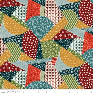 May include: A colorful patchwork fabric design featuring geometric shapes in various patterns and colors. The design includes stripes, floral, and dotted patterns in shades of red, green, blue, and gold. The fabric is measured in inches.