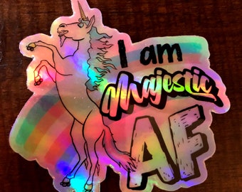 I am majestic AF. roller skating trans pride unicorn. Holographic roller derby vinyl sticker.