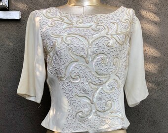 AS-IS, Early 1940s cream vermicelli embroidery and sequin rayon blouse