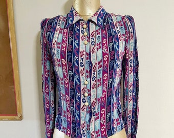 1940s long sleeve multicolored  printed silk blouse