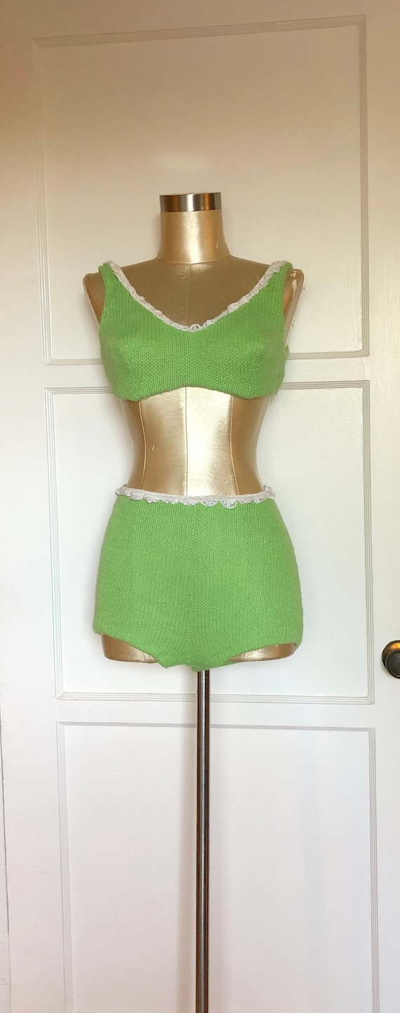 Late 50s early 60s green crocheted bathing suit