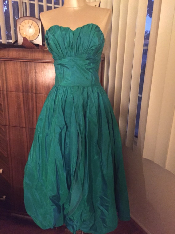 1950s taffeta emerald green gown