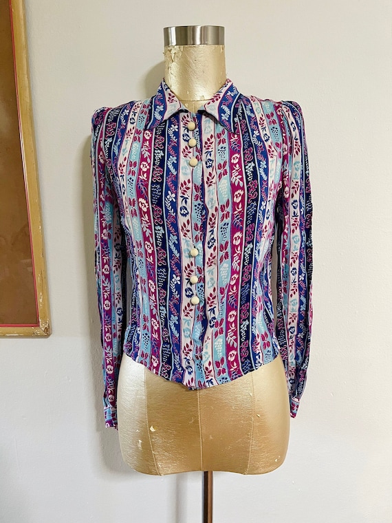 1940s long sleeve multicolored  printed silk blou… - image 1
