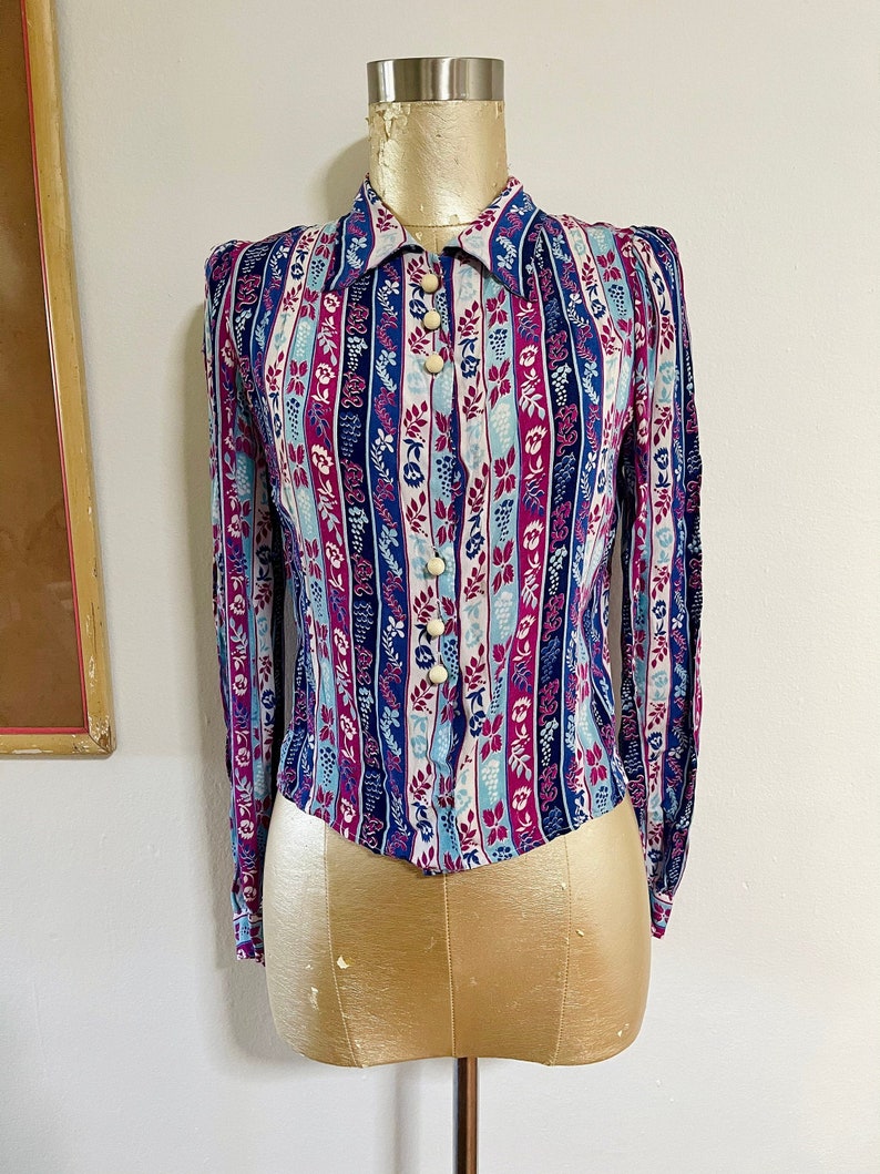 1940s long sleeve multicolored printed silk blouse image 1