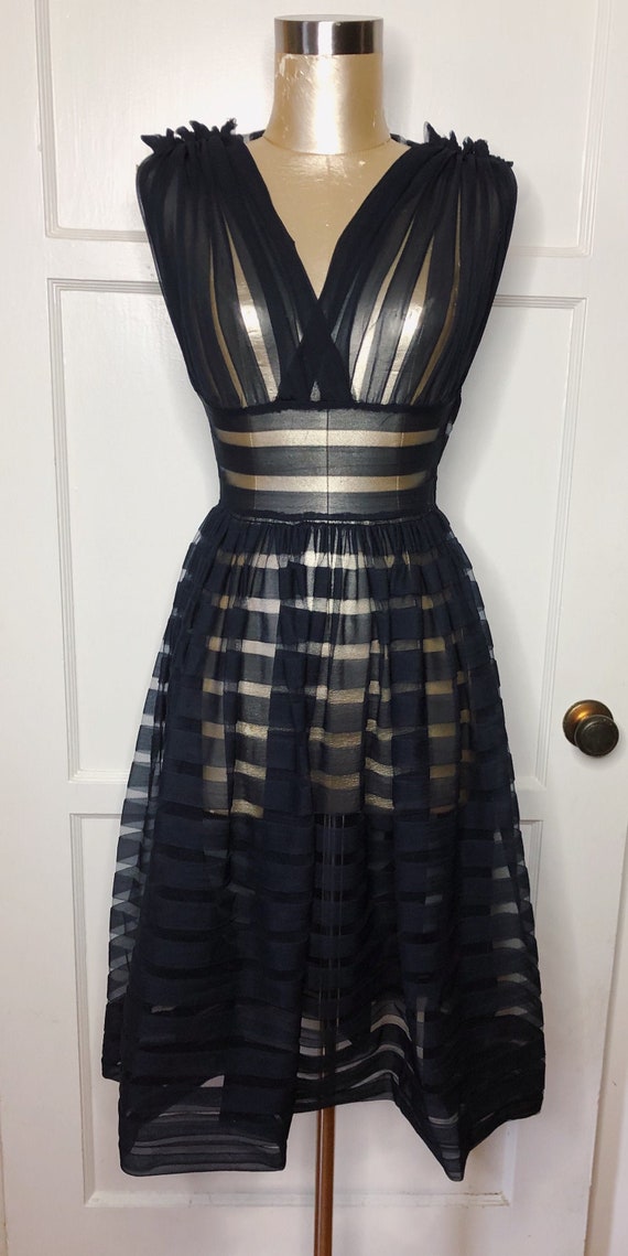 1950s RARE dark navy sheer stripped overdress