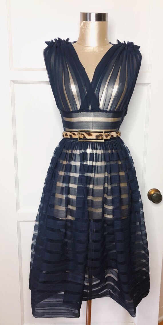 1950s RARE dark navy sheer stripped overdress - image 3