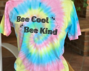 Bee Cool Tiedyed Printed T-shirt, Birthday Gift Present Rainbow Special Day, Unique, One of a Kind, Tiedye Unisex Cotton Children Adult