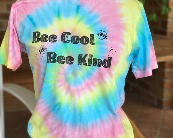 Bee Cool Tiedyed Printed T-shirt, Birthday Gift Present Rainbow Special Day, Unique, One of a Kind, Tiedye Unisex Cotton Children Adult