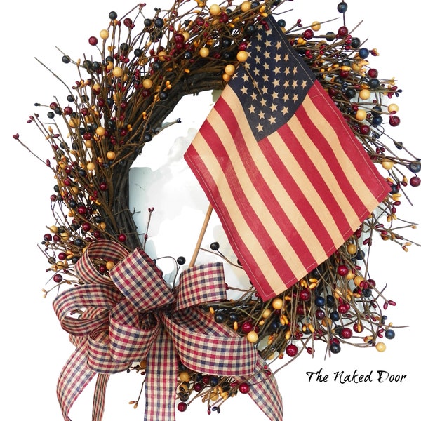 Patriotic pip berry wreath with tea stained flag - Year round door hanger - Americana summer decor - farmhouse or rustic - hostess gift her