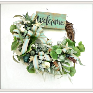 Welcome beach fall wreath with cream starfish and aqua pumpkins - tropical front door decor - mantle wreath - housewarming hostess gift