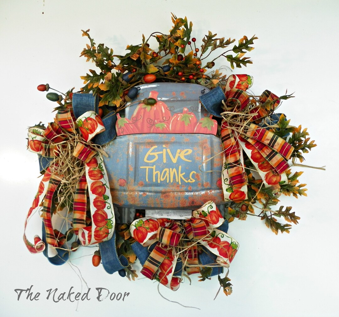 Fall Blue Truck Wreath Country Decor Farmhouse Door Hanger Give Thanks Autumn Decor Thanksgiving