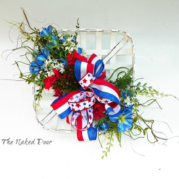 Patriotic white tobacco basket with red white blue flowers and ribbons - Americana farmhouse wreath - housewarming gift - Memorial Day decor