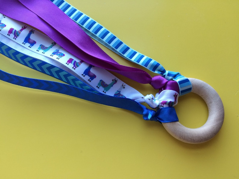 Waldorf hand kite toy natural wood rung and ribbon blue and purple llama great stocking stuffer