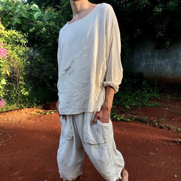 Handmade Hemp Shirt / Organic Hemp / Custom Clothing / Boho Hipster / India / Unisex / Off-White Grunge / Hippie / Eco-Friendly / Travel