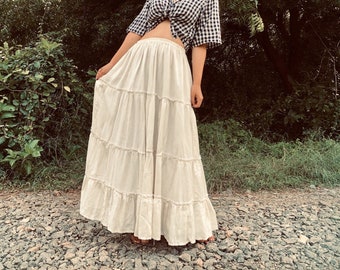 Handmade Organic Hemp Tier Skirt/ Countryside Peasant Clothing/ Eco-Friendly/ Byron Bay Spring Summer/ Ivory Midi Skirt